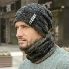 Anpro Winter Hats for Men, Warm Knit Hat Scarf Set 2 in 1 Neck Warmer - Black Gray