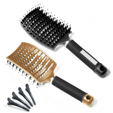 Anpro 6PCS Hair Brush Set, Professional Curved Vented Brush Paddle Detangling Brush with Hair Clips for Women Girls Kids Hair Stylists Braiding Backcombing, Black and Brown