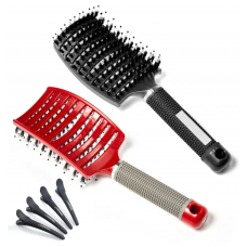 Anpro 6PCS Hair Brush Set, Professional Curved Vented Brush Paddle Detangling Brush with Hair Clips for Women Girls Kids Wet Dry Curly Thick Straight Hair, Red and Black