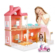 Anpro Dollhouse Pretend Play Set for Girls, 2-Story DIY Dollhouses Dreamhouse Play Set Gift with 3 Rooms Furniture & Accessories and Doll Toy Figure for Toddler Ages 3+ Christmas Gift, Pink