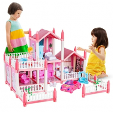 Anpro Pink Dollhouse Pretend Play Set for Kid, Big Villa Princess Castle, 5 Rooms Dollhouse with Doll Toy Figure for Boys and Girls Age 3+ Play House Gift Toys and Christmas Gift