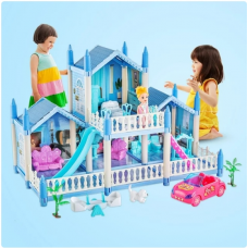 Anpro Blue Dollhouse Pretend Play Set for Kid, Big Villa Princess Castle, 5 Rooms Dollhouse with Doll Toy Figure for Age 3+ Boys and Girls Play House Gift Toys and Christmas Gift
