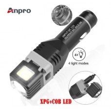 Anpro Rechargeable LED Flashlight, 300 Lumens Mini LED Torch with 4 Modes, Used as Car Charger and Work Light - Pocket Flashlight XPG COB