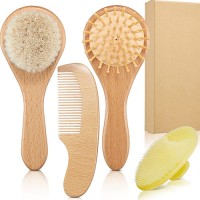 Wooden Baby Hair Brush and Comb Set for Newborns and Toddlers, Hairbrush with Soft Goat Bristles for Baby Registry Gift