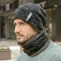 Beanie Hats for Men Knit Winter Hat Scarf Set 2 in 1 Neck Warmer and Mens Hats Fleece Lined for Winter - Black Gray